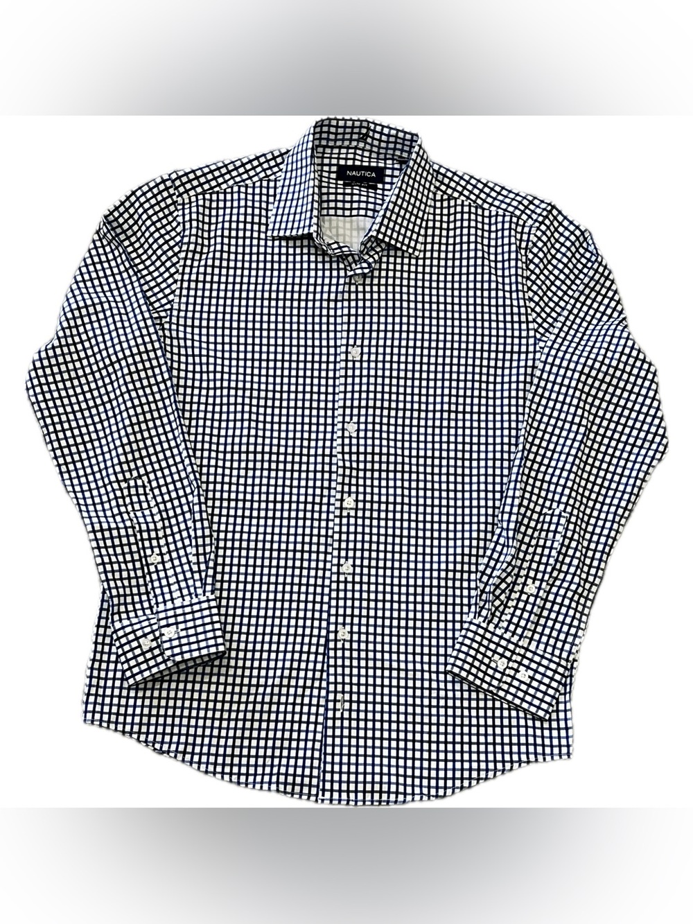 Nautica navy and white checked slim fit button down dress shirt US men's medium